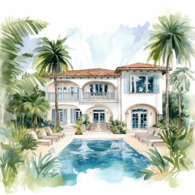 one watercolor villa, clipart, wedding venue, big windows, pool, miami style, white background