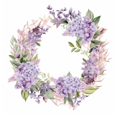 watercolor lilac wreath on white background, in the style of muted and subtle tones, intricate floral arrangements, uhd image, subtle realism, asymmetrical framing, fawncore, wedding clipart, floral accents, no background