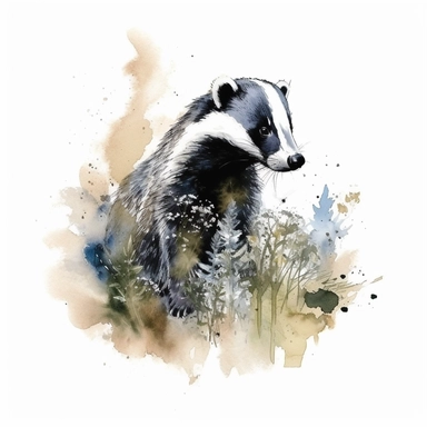 WOODLAND BADGER, CLIPART, WATER COLOUR, WHITE BACKGROUND