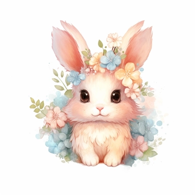 Kawaii Pastel Bunny Clipart floral magical, Cartoon, hyper realistic, intricate detail, illustration style, high resolution, on the white background