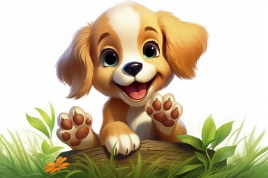 clipart of a cute happy puppy, grass under his feet