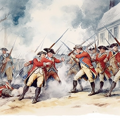 water color illustration,colorful Battles of Lexington and Concord, artistic clipart, high detail, vivid color, British soldiers vs Militia of Boston Massachusetts in 1775 (scene in action)
