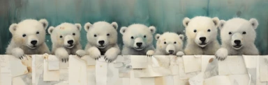 a row of cute miniature polar bear cubs, a collage of mixed media art made with tissue paper, magazine and newspaper clippings, oil paint, graphite pencil lines and fabric, in the style of playful surrealism, whimsical, washi tape