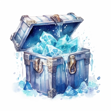 a frozen ancient treasure chest with protruding icy ornaments Clipart Watercolor, White background, HD