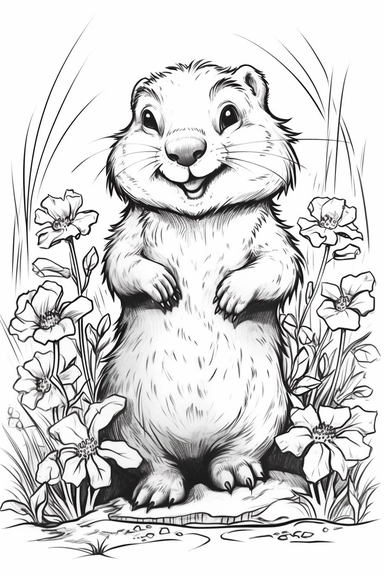 Cute and baby animal groundhog, ink drawing, meadow with flowers and green leaves, walt disney style, 4k, quality, detailed, clipart, smile, with a black outline , cartoon illustration in vector, in vector style high contrast, happy cartoon, children's book illustration,