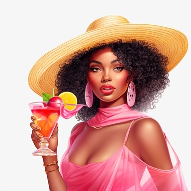pretty black girl, Sun Straw Hat Wide Brim Summer Hat Foldable Roll up Floppy Beach Hats, pretty, holding a cocktail drink, pink outfit, 4k, hd, clipart