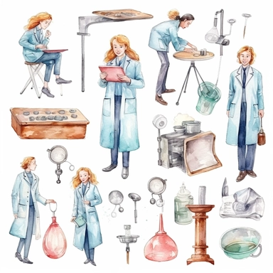 watercolor doctor related scenes , illustrations clipart set, simple, , cartoon elements ,different variants , nurse, doctor, stethtescope, mechanical body weighing scale, microscope, ,separate elements with a margin