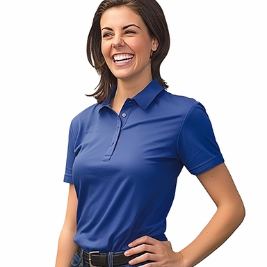 photo-realistic physically fit woman, age 25, wearing a royal blue polo shirt, laughing at a very funny joke, on white background for vector clipart