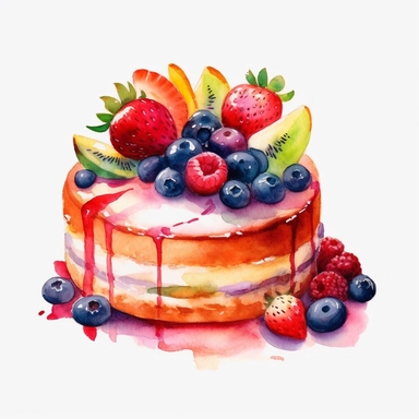 watercolour fruit cake clipart, hd, on white background, spaced out ar 3:2