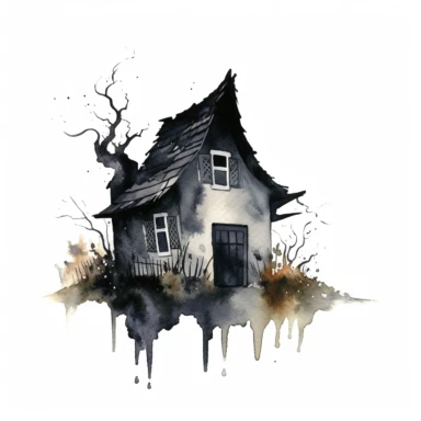 a minimal watercolor clipart of an old black little creepy witch house, white background