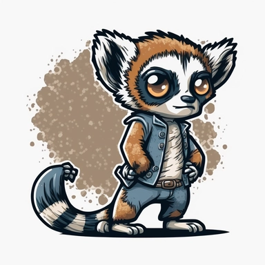 small cute anthropomorphic chibi lemur animal, standing on two legs, dressed like a man, wearing jeans and t-shirt, clipart, in sticker style, in comics style, cell shading
