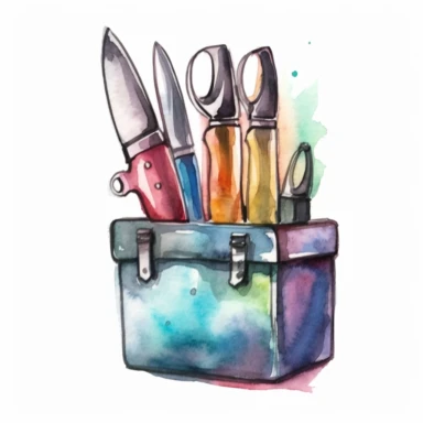 a kitchen knife set in the style of watercolour clipart with detailed brush strokes