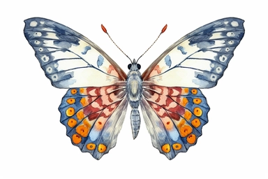Watercolor, Design a geometric illustration of a Common Checkered-Skipper butterfly with bold lines and vibrant colors, clipart, hd, on a white background, spaced out