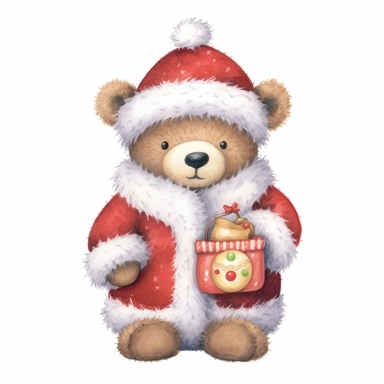 A watercolor cute Santa Teddy bear, full color, knitted painting texture, Perfect for nursery art and children's book illustration style, simple, cute, full color, clipart, watercolor illustration, single object, high definition 8k, white background for removing background