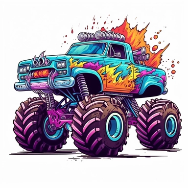 Cute Beautiful Retro 90s Color Monster Truck Sublimation Clipart,Cartoon, hyper realistic, intricate detail, illustration style,high solution,on the white background