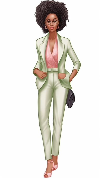 full body stylish African American woman clip art wearing salmon pink and apple green suit and heels, intricate braided hair, white background