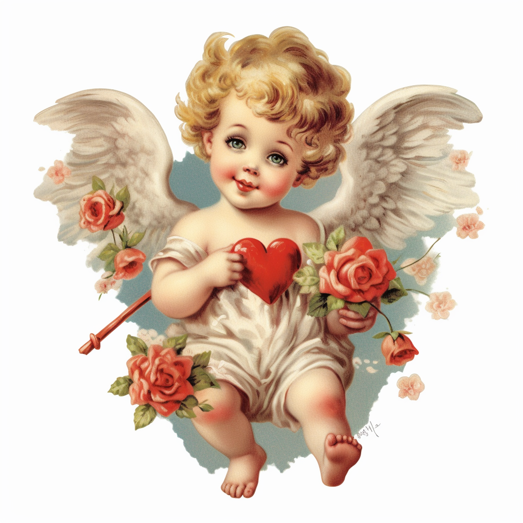 vintage adorable little cupid with red hearts and flowers, full body ...