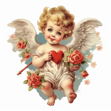 vintage adorable little cupid with red hearts and flowers, full body, clipart style, accurate details, oil painting technique, super high quality, professional clipart, high resolution