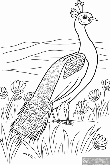 a happy peacock in grasslands, black and white clipart for a kids coloring page, simple and clean, thin line art, accurate features, proportionally sized, illustration style,