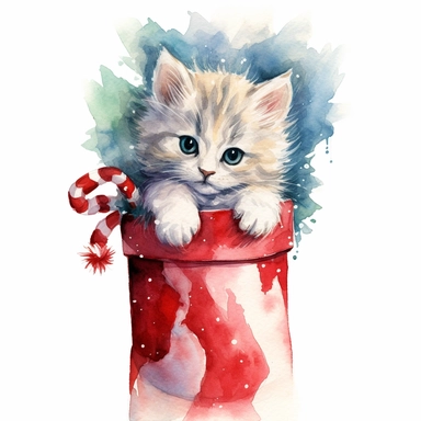 Clipart, watercolor, white background: A fluffy kitten peeking out from a Christmas stocking, its curious eyes filled with wonder and excitement.