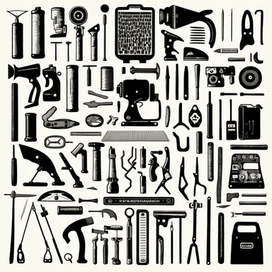 a black and white picture of various tools, a silk screen, fluxus, clipart, rows of tools, hammer, golf club, football, syringe, camera, drill, scissors, guitar, horn, axe, radio, sword, pliers, crowbar, airhorn, binoculars, blowtorch, shotgun, hockey stick, chainsaw, shovel, pitchfork, ladle, frying pan, creative commons attribution, business logo, (dark shorter curly hair), cogs:1000, 2010