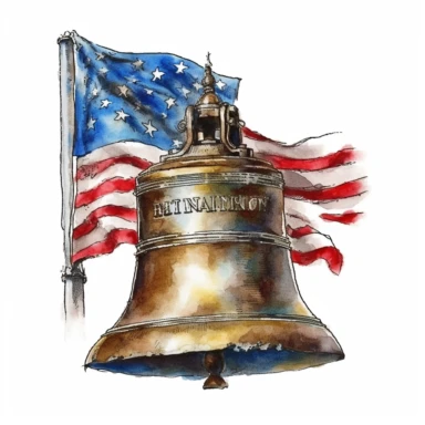 Original Liberty Bell of Philadelphia with american flag, Vectorial, highly detailed, watercolor, clipart, illustration, white background, digital painting, paper crafting, no signature, no text