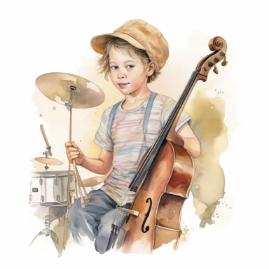 a delightful watercolor, hyper-realistic clipart image with a white background and white margins, showcasing a children musician. The ultra-detailed, hand-drawn elements capture the childern musician.