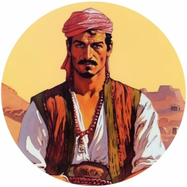 desert Persian Irish civilian, Josh Kirby Mad Max Lord of the Rings, handpainted enamel punk zine indie retrowave, clipart illustration, circle white background, circle border