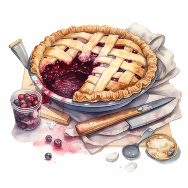 create a beautiful high quality high detail highly saturated watercolor clipart disney style illustration of a delicious plum pie being prepared, include rolling pin and baking tools, no text, no font, white background