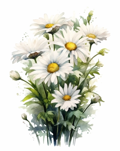 detailed vibrant watercolor round bouquet of 6 pieces white daisy flower , isolated on white background, realistic, clipart