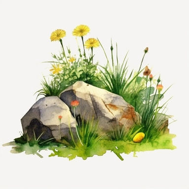 watercolor art of tuft of grass with dandelions, rocks, bugs in a field, in the style of realistic and hyper-detailed renderings, sketchfab, ahmed morsi, realistic watercolor paintings, use of common materials, handcrafted designs clipart