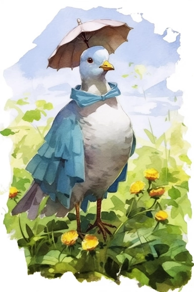 A lovely pigeon with a straw hat on its head, standing lazily with a flowering bush in the background, watercolour clipart, cartoon, full length, 4K, sharp focus, watercolour, bright tones, whole body, soft light, superb detail, ultra high definition detail, ultra high definition, epic detail, watercolour style