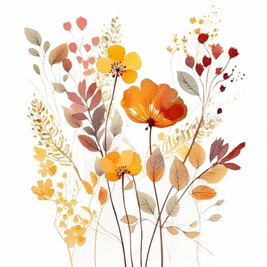 a kimo with an abstract watercolor clipart of vintage red, brown and yellow flowers, on isolated pure white background flowers and foliages should be spread apart, dont centralize stems of plants and spread the foliage out in a sqare format in the style of lucy grossmith, minimalist nature studies, white and amber, mandy disher, detailed botanical illustrations, ready-made, winslow homer