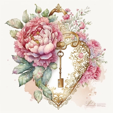golden key with peonies, with a heart, pink, elven filigree, watercolor clipart, white background, high detail