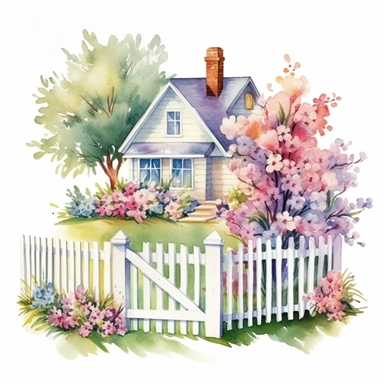 clipart, isolated on white background, beautiful cute Watercolor Spring Cottage - cute little house with fence and chimney, tree and flowers, ornated, pastel colors