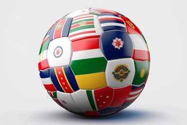 Soccer ball with national flags on grass over white background. World countries football championship. 3D illustration with copy space. Including clipping path. background vector art painting illustration