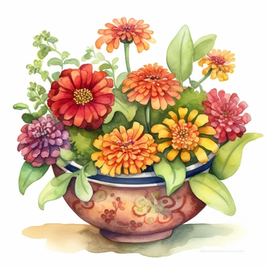 Design a watercolor clipart vignette of zinnia flowers in a colorful ceramic bowl, using the Michelangelo-inspired Watercolor Haven style on a white background. Focus on the rich color palette, intricate details, and the beauty of the zinnia flowers, making it a versatile element for home or garden-themed projects.
