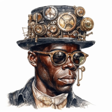 black man steampunk with mechanisms , Vintage shades, white background, watercolor, hyperrealism, high detail, isolated elements clipart