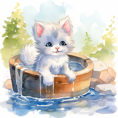watercolor illustration, kitten smiling with an open mouth and with a towel over the head and enjoying a hot spring, surrounded by gentle steam rising from the onsen water, feeling the pleasant sensation. Small bubbles dance through its fur, creating a mysterious yet beautiful sight. The cat stretches out, gradually unwinding, as the warmth of the onsen melts away the tension in its muscles. It gracefully savors the serene atmosphere and the gentle touch of nature, embracing the tranquility of t