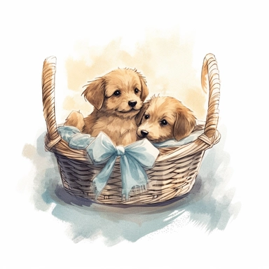 An artistic clipart of a cuddly dogs sitting in a basket during a tranquil afternoon, using the art style of watercolor, using type of medium traditional painting showing serenity to be displayed in the middle of a blank page –ar 16:9 –v5.1