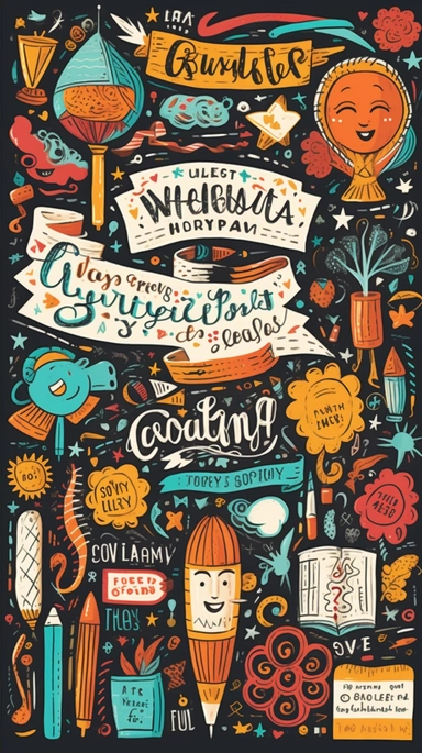 Unleash your creativity with a captivating handwritten artistic image of clipart doodles and artistic writing, featuring charming illustrations and expressive hand-lettering, crafted with a touch of whimsy and artistic flair. This composition, perfect for a 16:9 widescreen format, invites viewers into a world of playful imagination and artistic expression