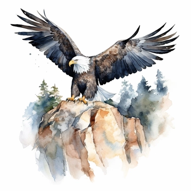 an enchanting watercolor clipart image with a white background, featuring a regal bald eagle perched on a rocky cliff, its intense gaze and outstretched wings symbolizing the strength and freedom of Feathered Friends.