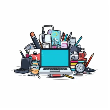 A clipart style representation of a company that uses laptops, computers, notepads, business tools, etc., T-shirt design graphic, vector, contour, white background