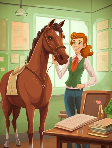 teacher and horse in classroom, chalkboard and desk behind them, cartoon style clipart