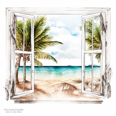 outside window summer beach scene watercolor white background clipart