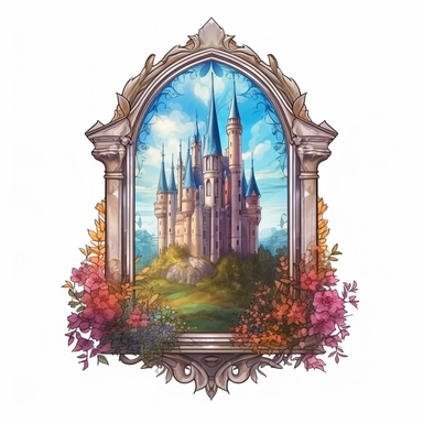 Beautiful Castle Window Sublimation Clipart ,Cartoon,hyper realistic, intricate detail, illustration style,high solution,on the white background