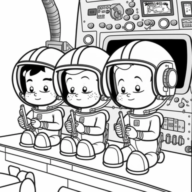 simple coloring book for kids Firefighters in a spaceship prepare for a mission: The illustration could show firefighters donning their spacesuits, checking equipment, and verifying the ship's screens clipart, cartoon children's stylehand drawn line art, black and white, v 5