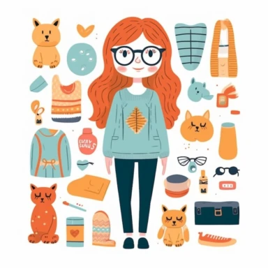Create a collection of cartoon-style vector illustrations featuring various trending items on Etsy specifically for girls, all set against a clean white background. These illustrations should capture the charm, style, and popular trends that are sought after by girls on the Etsy platform in a playful and whimsical manner. Include a range of trendy items and themes that resonate with girls, such as cute accessories, fashion apparel, stationery, room decor, jewelry, and personalized gifts. Each il