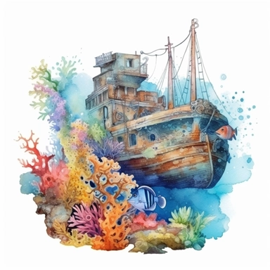 watercolor underwater shipwreck, in a cove , fish coral plant and bubbles, shades of coral turquoise yellow and blue, glamorous, very detailed and realistic, white background with margins, clipart style