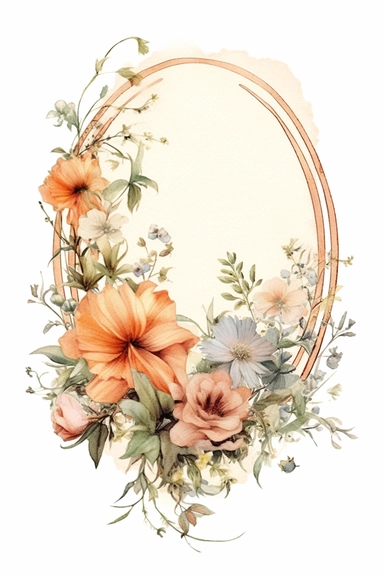 watercolor clipart of a empty suttle dainty floral oval frame surrounded by peach color flowers and cream color flowers. Capture the essence of blooming beauty and intricate details in your artwork, white background